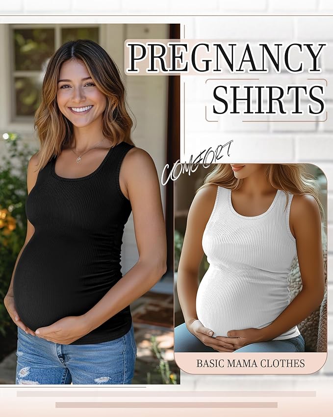 Riyiper 3 Pack Women's Maternity Tank Tops, Sleeveless Cotton Pregnancy Shirts Ribbed Knit Sides Ruched Basic Mama Clothes