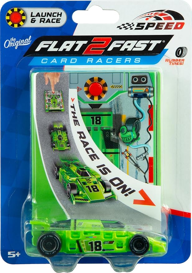 FLAT 2 FAST Original Speed Card Racer – Flat Car Racer and Pocket Size Racecar Launcher with Real Rubber Tires for High-Speed Racing – Load, Launch, Race! – Neon Green