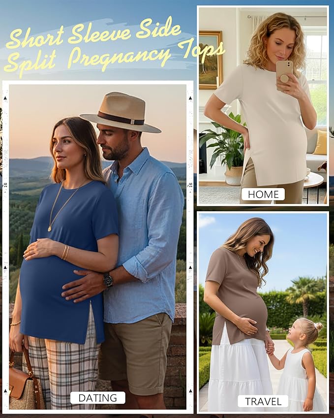 Ficerd 3 Pack Women's Maternity T Shirts, Short Sleeve Side Split Pregnancy Tops Casual Crew Neck Pregnant Tees Mama Clothes