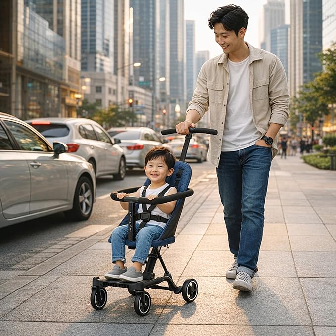 Dream On Me Coast Rider Travel Stroller, Lightweight & Compact Baby Stroller, Theme Park Approved, Book-Folding Design, Adjustable Handle, Soft-Ride Wheels, Converts to Rider & Scooter - Navy