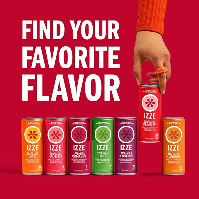 IZZE Sparkling Water Juice Beverage Blend, Strawberry, No Sugar Added, 8.4 FL OZ, 24 Cans (Pack of 2)