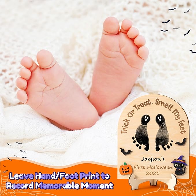 R HORSE DIY Halloween Footprint or Handprint Art Sign with Ink Pad, 3D Newborn Pumpkin Wooden Milestone with Marker Pen, Baby’s 1st Halloween Footprint Keepsake Craft Gift Baby Shower Nursery Decor