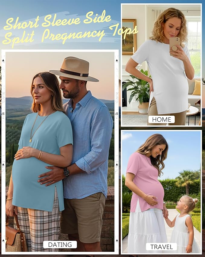 Ficerd 3 Pack Women's Maternity T Shirts, Short Sleeve Side Split Pregnancy Tops Casual Crew Neck Pregnant Tees Mama Clothes
