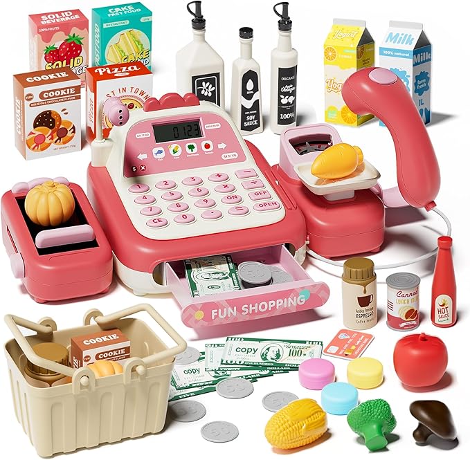 49Pcs Toy Cash Register with Scanner, Pretend Play Grocery Store Set with Real Calculator, Microphone, STEM Educational Supermarket Toys Gift for Boys Girls Kids Toddlers 3 4 5 6 7 8 (Pink)