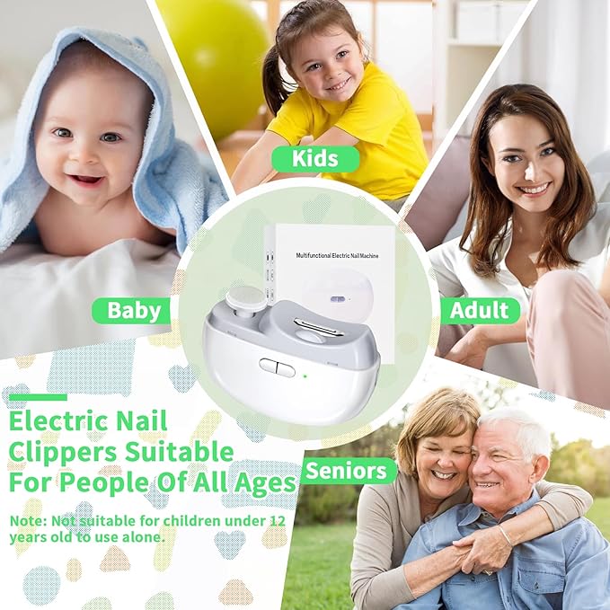 Electric Nail Clipper 3 in 1 Design, Automatic Baby Nail Trimmer Suitable for Night Lighting During Baby sleepwith Light & Featuring Two speeds Suitable for Infants, Children and The Elderly