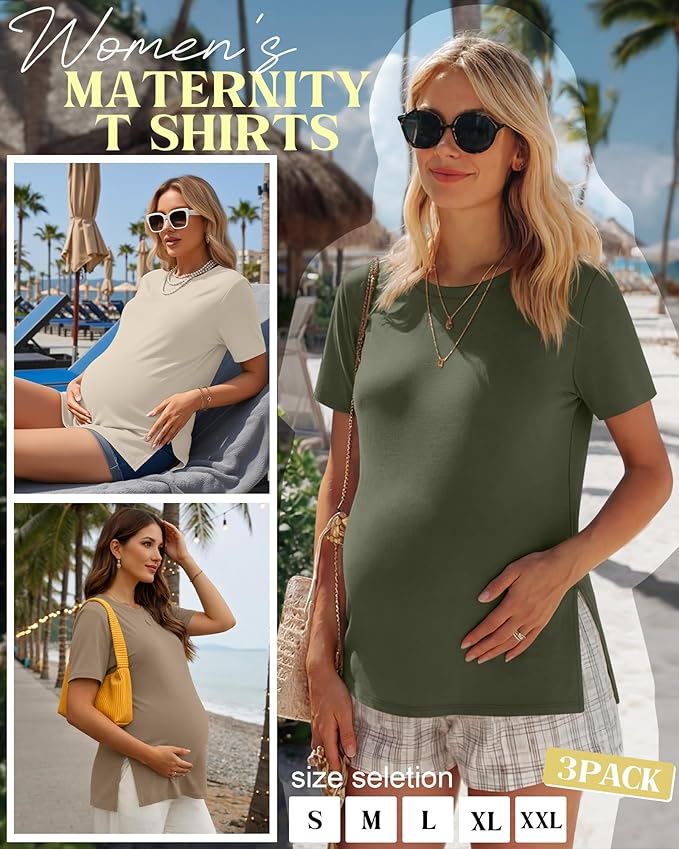 Ficerd 3 Pack Women's Maternity T Shirts, Short Sleeve Side Split Pregnancy Tops Casual Crew Neck Pregnant Tees Mama Clothes