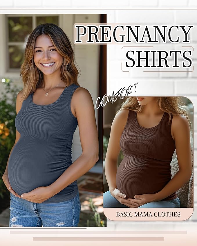 Riyiper 3 Pack Women's Maternity Tank Tops, Sleeveless Cotton Pregnancy Shirts Ribbed Knit Sides Ruched Basic Mama Clothes