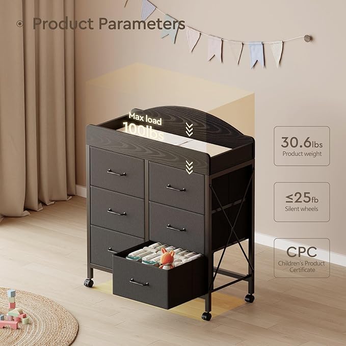 Baby Changing Table Dresser with Wheels, 6-Fabric Drawer Baby Dresser with Changing Table Top, Waterproof Diaper Changing Station & Pad, Mobile Storage Unit, Compact Baby Furniture, Black