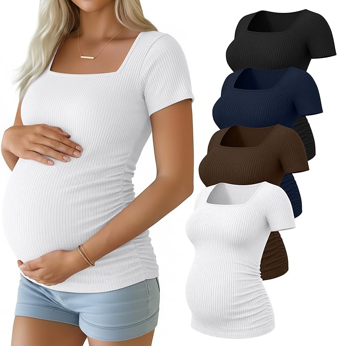 Huukeay 4 Pack Women's Maternity Shirts Cotton Ribbed Short Sleeve Square Neck Pregnancy Tops Side Ruched Summer Tee