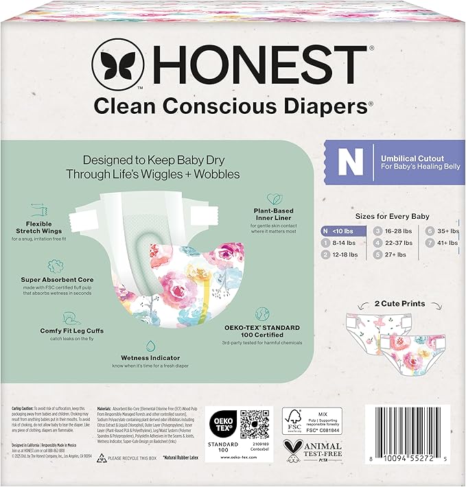The Honest Company Comfort Dry Disposable Diapers for Sensitive Skin, Hypoallergenic, Rose Blossom + Tutu Cute, Club Box Size Newborn 72 Count