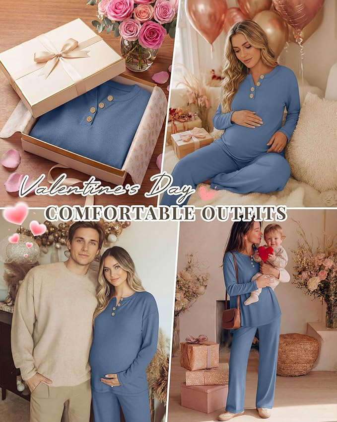 2 Piece Thermal Maternity Lounge Set Postpartum Pregnancy Fleece Loungewear Long Sleeve Top and Wide Leg Pant