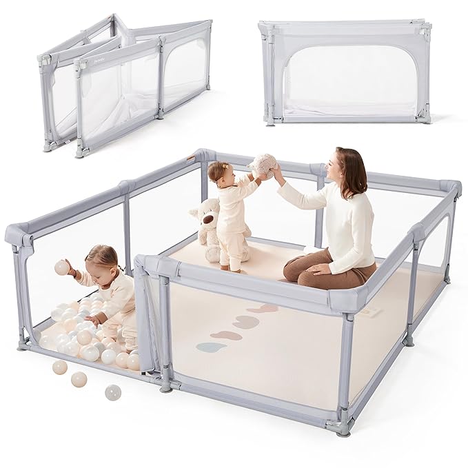 Sweeby Baby Playpen, 79x71 Inch Foldable Playpens for Babies and Toddlers with Gate, Extra Large Playpen with Door Play Yard for Baby Fence Indoor and Outdoor Portable Play Pen,LightGrey