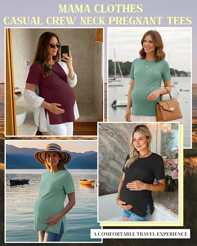 Ficerd 3 Pack Women's Maternity T Shirts, Short Sleeve Side Split Pregnancy Tops Casual Crew Neck Pregnant Tees Mama Clothes