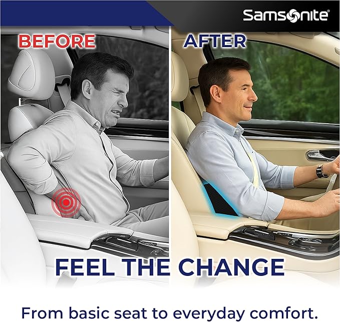 Samsonite Ergonomic Lumbar Support Pillow for Office Chair and Car Seat - Memory Foam Back Support Lumbar Pillow Premium Cushion Chair Support for Lower Back Pain Relief and Versatile Use (Black)