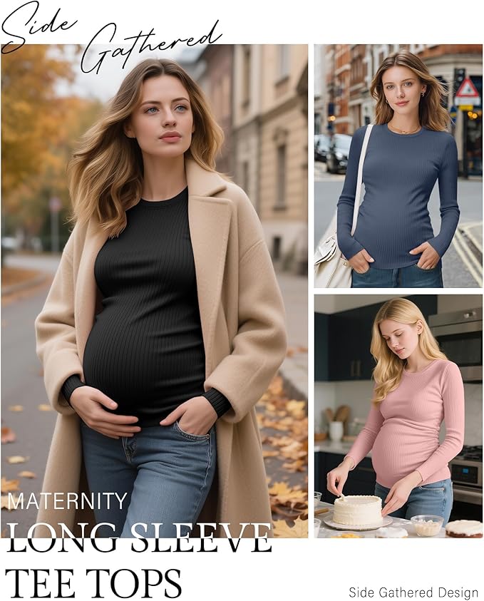 Ficerd 4 Pack Women's Maternity Shirts Cotton Long Sleeve Ribbed Crew Neck Pregnancy Tops Side Ruched Casual Mama Clothes