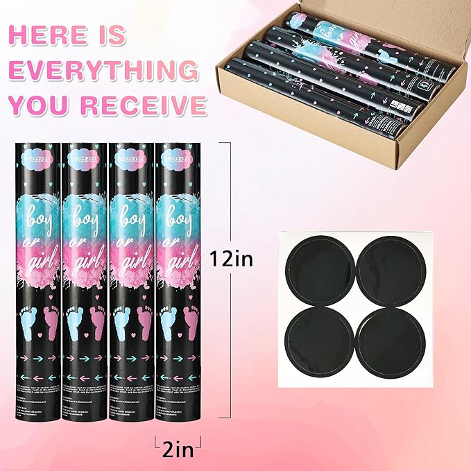 Gender Reveal Confetti Cannon, 4 Pack Biodegradable Confetti Paper with Cornstarch Powder, Confetti Blaster for Girl Gender Reveal, Party Poppers, Pink