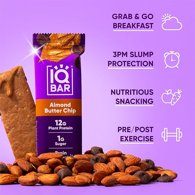 IQBAR Brain and Body Clean Plant Protein Bars - Almond Butter Chip - 12 Bars - Keto, Vegan, High Fiber, Gluten and Dairy Free, Low Sugar Snack with Nutrients for Focus, Energy, Meal Replacement