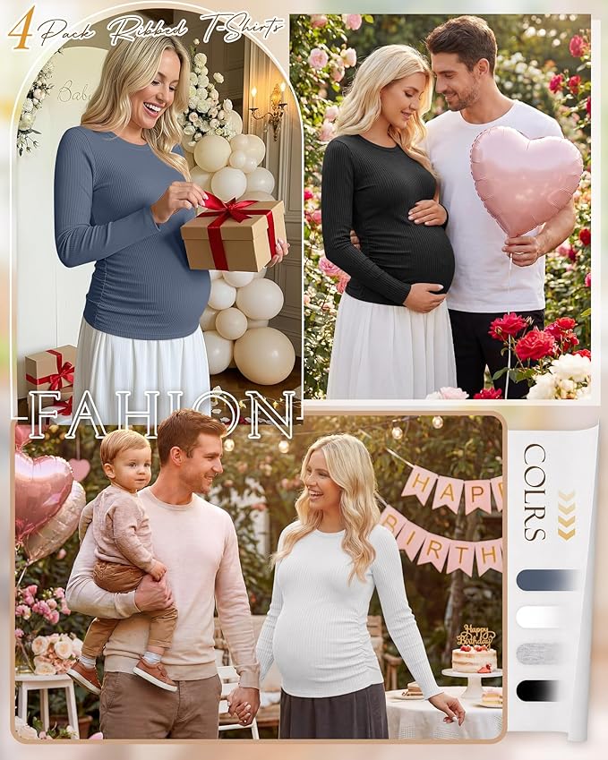 Ficerd 4 Pack Women's Maternity Shirts Cotton Long Sleeve Ribbed Crew Neck Pregnancy Tops Side Ruched Casual Mama Clothes