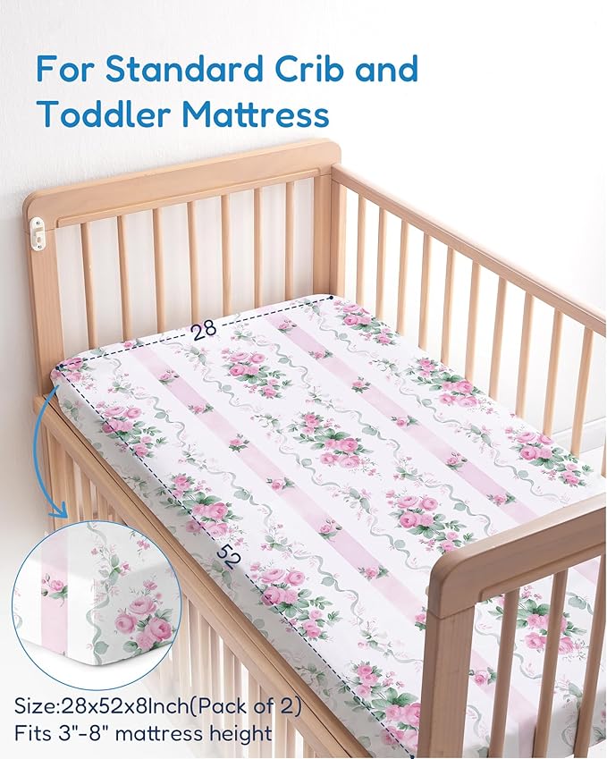 Crib Sheets 2 Pack, Fitted Crib Sheet for Standard Crib Mattress 28x52x9, Ultra Soft Jersey Knit, Breathable Stretchy Deep Pocket, Snug Fit Stays Put, Baby Crib Mattress Sheet