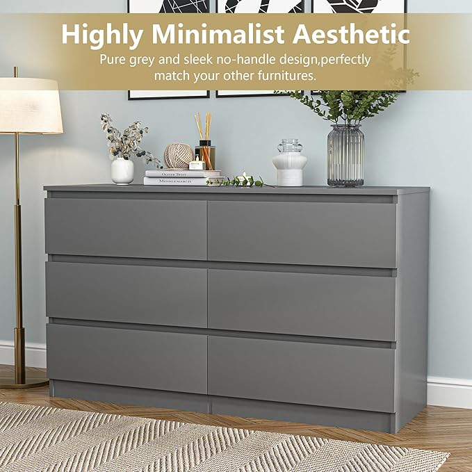 Grey Dresser for Bedroom,48'' Modern 6 Drawer Dresser with Deep Drawer,Storage Wide Chest of Drawers,Wood Bedroom Storage Furniture for Living Room,Closet