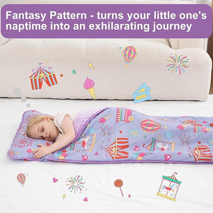 Viviland Toddler Nap Mat, Rolled Sleeping Mats with Pillow and Minky Dot Blanket, Large Thick Kids Girls Slumber Bag/Sleeping Mat for Preschool, Daycare, Kindergarten, Travel Camping