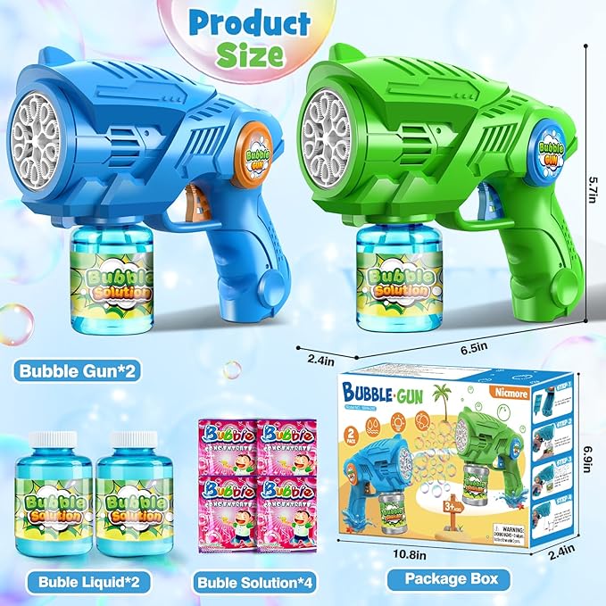 Bubble Gun Machine for Kids 4-8: 2-Pack Automatic Bubble Guns with 2 Bottles Refill Solution - Summer Outdoor Toys Bubble Blaster Maker Blower for Easter Party