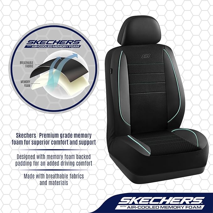Skechers Air-Cooled Memory Foam Seat Cover,Mesh Thick Car Seat Covers,Piping Leather Car Seat Cover,Airbag Compatible,Automotive Comfort for Most Cars, Vans, Trucks, SUV(Mint,Full Set)