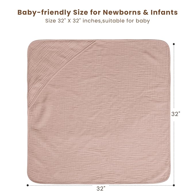 Konssy 2-Pack Muslin Hooded Baby Towels, 100% Cotton, Ultra-Soft & Absorbent Baby Bath Towels with Hood for Newborn & Infant (Taupe,Soft Blooms,32" x 32")