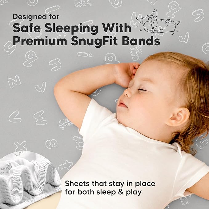 Pack and Play Sheets Fitted - 2-Pack Mini Crib Sheets for Pack N Play Mattress 38x26, Soft & Cozy, Neutral Toddler Playard Bedding, Snug Fitted Mini Baby Crib Mattress Cover Boy, Girl (ABC Land)