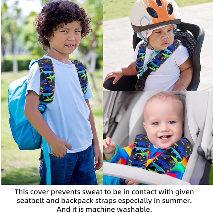 Seat Belt Cover for Kids, Seat Belt Pad for Boys Girls, Car Seat Straps Shoulder Pads for Kids, Kid's Seat Belt Cushion, Shoulder Strap Pad, 1 Piece （Black Dinosaur）