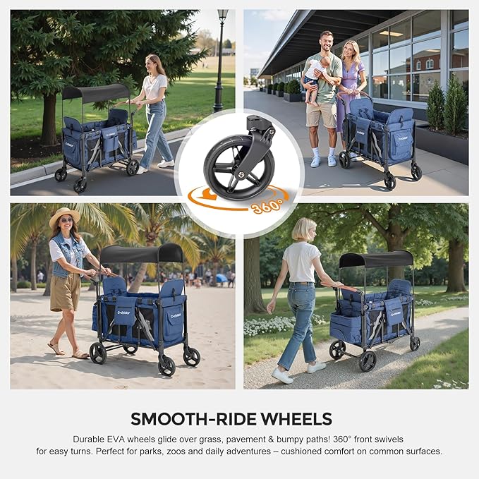 Elite 2 Seater Wagon Stroller for Kids, Foldable Stroller Wagon with Removable Seats & Canopy, 5-Point Safety Harness, Adjustable Handle, Blue