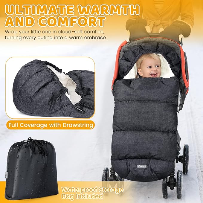 Orzbow Universal Stroller Footmuff, Winter Baby Stroller Bunting Bag, Warm Berber Fleece Stroller Sleeping Bag for Cold Weather, Waterproof & Windproof, Baby Winter Must Have, Dark Grey