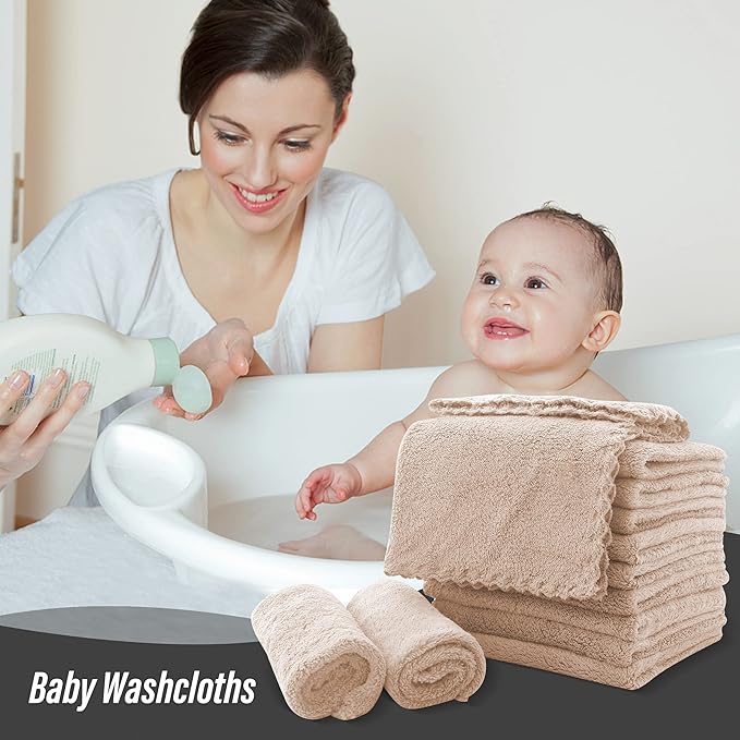 Sunny zzzZZ Ultra Soft 24 Pack Baby Washcloths - 10x10 Inches - Coral Fleece Extra Absorbent Wash Clothes for Babies, Infants and Toddlers - Sensitive Skin and Newborn - Ideal Baby - Brown