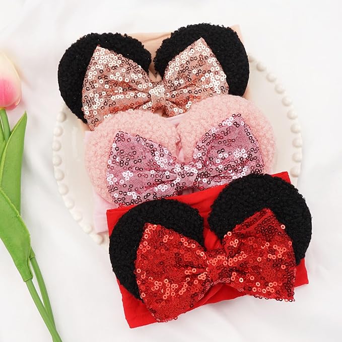 3PCS Baby Girl Mouse Ears Headbands with Sequin Bow, 4.5inches Wide Nylon Turban Hairband, Theme Park Headwear, Hair Bow Headband for Toddler, Kids, Party Supplies