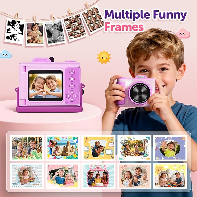 Kids Camera, Christmas Birthday Gifts for Boys Girls Age 3-12,Upgrade HD Flip Digital Video Cameras for Kids, Portable Toys for 3 4 5 6 7 8 9 10 Year Old Childrens with 32GB SD Card-Purple