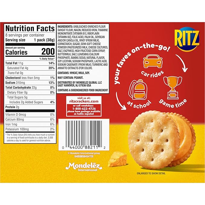 RITZ Cheese Sandwich Crackers, Lunch Snacks, 48 Snack Packs (6 Boxes, 6 Crackers Per Pack)