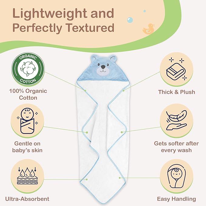 Mother's Choice Organic Hooded Toddler Towels – Large Cotton, Ultra-Soft & Absorbent Baby Towels for Newborns, Infants, Toddlers, Boys & Girls with Animal Hood (Blue Bear)