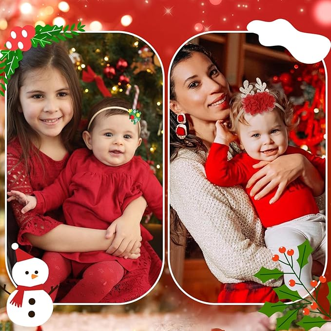 Chirstmas Baby Girls Bows Headbands, 10 Pcs Red Green Antlers Elastic Nylon Hairbands, Xmas Newborn Hair Bows Hair Accessories for Newborn Infant Toddler Kids