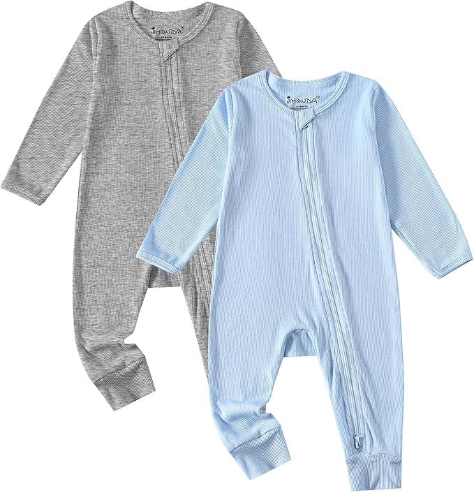 Jimonda Ribbed Rayon From Bamboo Baby Boys/Girls Sleepers, 2-Way Zipper Long Sleeve Footless Pajamas With Mittens Soft Pjs