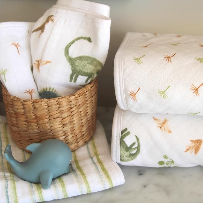 aden + anais Essentials Hooded Baby Bath Towel, Super Soft 100% Cotton, 2 Pack, Dino Jungle