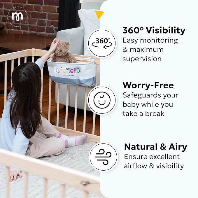 Miotetto Baby Playpen, Wooden Playpen for Babies and Toddlers, Foldable Fence with Montessori Activity Panel, Storage Basket & Gate, Portable, Easy to Assemble Baby Play Pen Natural Wood Playyard