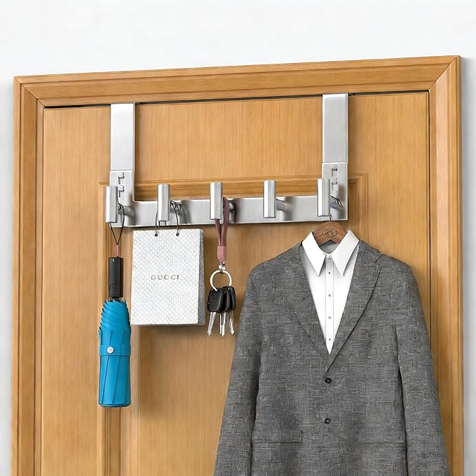 PMMASTO Over The Door Hooks, Door Hanger Hook for Hanging, Coat Rack Organizer for Bathroom, Towel Holder Bathroom Accessories (Silver 5 T-Hooks-Fits 1-3/4" Thick Door)