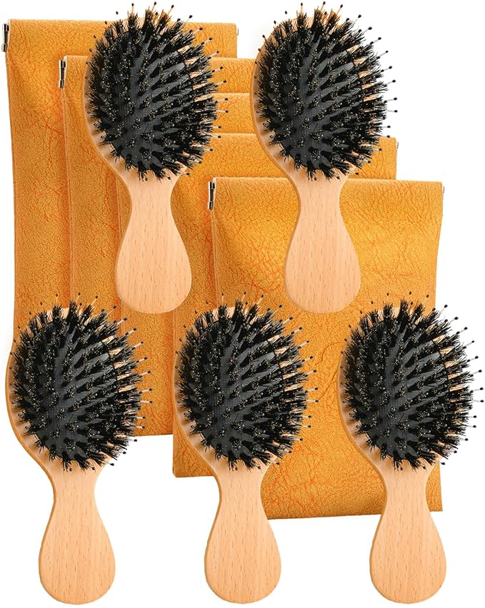 Travel Hair Brush, 5-Pack Mini Boar Bristle Hair Brush for Women - Small Portable Compact HairBrush for Girls Kids Women Best Gift, Travel Size for Purse, Vacation, Business Trips & Outings