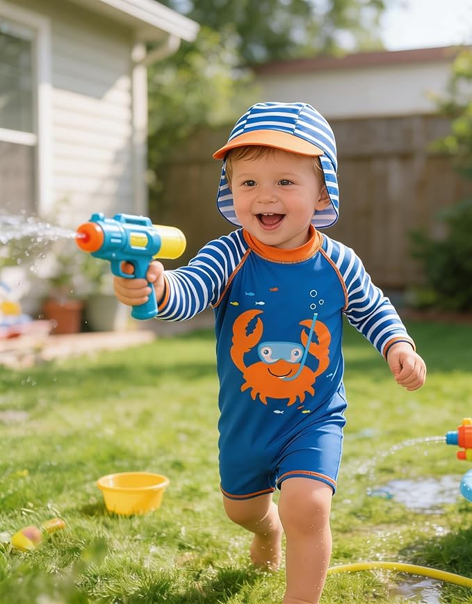 ADUKIDE Baby Boys Swimsuit Summer Beach Rash Guard Swimwear One Piece Sunsuit with Sun Hat 3-24 Months