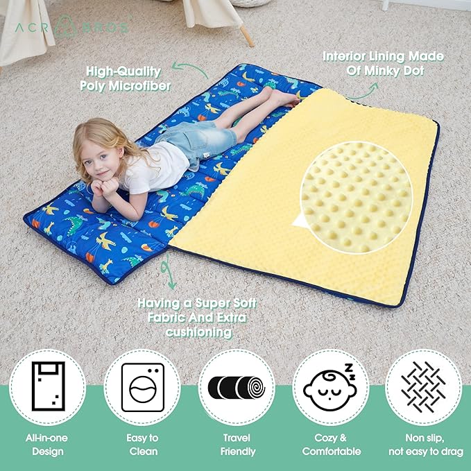 ACRABROS Toddler Nap Mat with Pillow and Blanket, Large Rolled Napping Mats,Slumber Bags for Boys Girls,Kids Sleeping Bag for Daycare, Preschool Travel