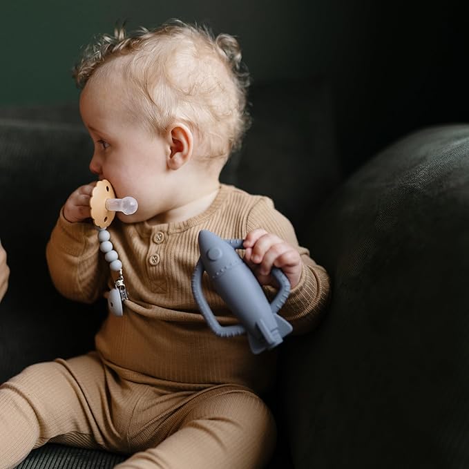FRIGG Daisy SilkySoft Silicone Baby Pacifier | Made in Denmark | BPA-Free (Graphite/Peach Bronze, 6-18 Months)
