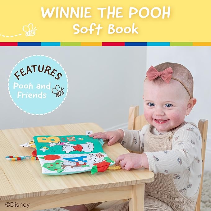Kids Preferred Disney Baby Winnie The Pooh Deluxe Soft Book Abc's with Pooh On-The-Go Sensory Books for Babies with Crinkle Pages and BPA Free Teether