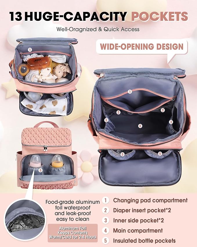 Diaper Bag Backpack, Large Baby Bag for Girl Boy, Travel Diaper Backpack with Insulated Pocket, Cute Diaper Bag Stroller Straps, Baby Shower & Registry Gift for Mom Dad Pink
