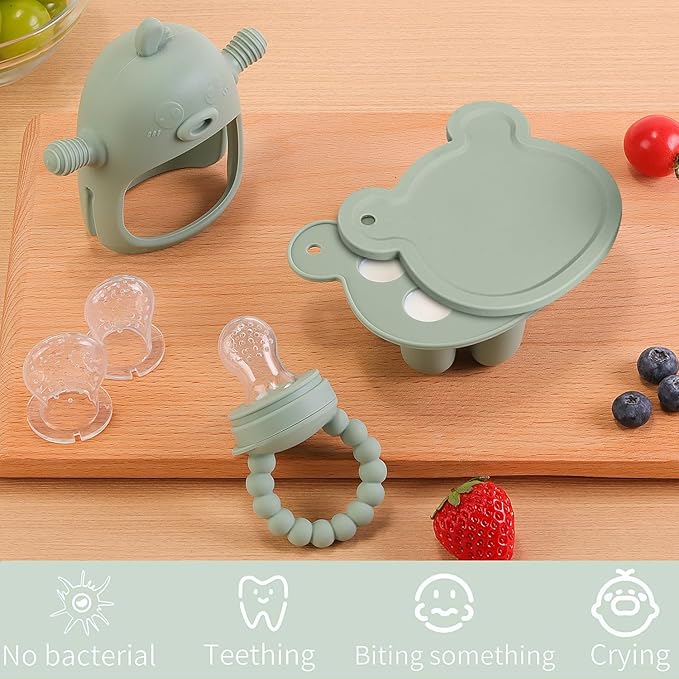 Baby Fruit Feeder & Breastmilk Popsicle Mold Set – 3 Pack Silicone Teething Relief Kit with Food Feeder Pacifier, Freezer Tray with Lid & Baby Teether (Pea Green)