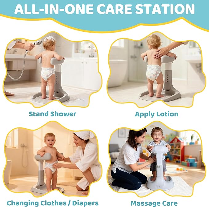 Foldable Baby Shower Standing Support for Toddlers & Infants 8-36 Months, No Setup Anti-Slip Bath Stand Holder, Adjustable Height, Portable Travel & Storage, Easy Clean - 4our Kiddies(Grey)